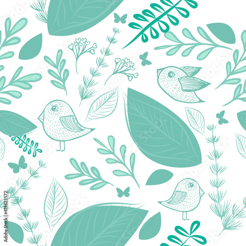 A seamless background. Simple green leaves with decorative birds . Vector illustration