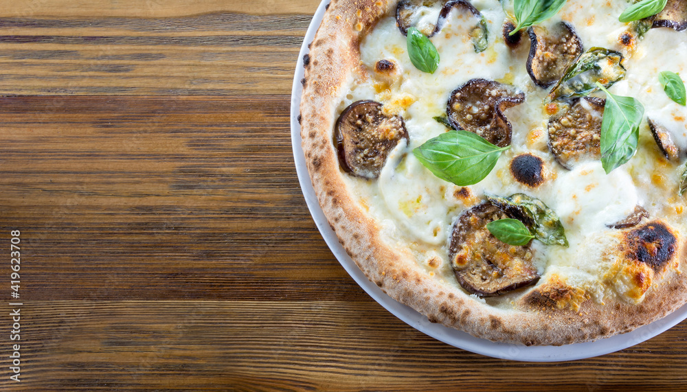 wide image cover photo traditional wood fired pizza oven pizzeria from above wooden table space