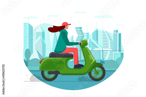 Female hipster riding retro style scooter on modern city park road. Millennial woman drives green moped on street. Girl vintage motorcycle driver. Lady on bike active life vector eps illustration