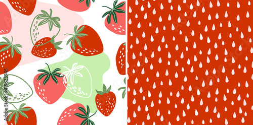 Set of seamless pattern with bright red and pink strawberries. Summer berry design for textiles, wallpaper, print. Vector graphics