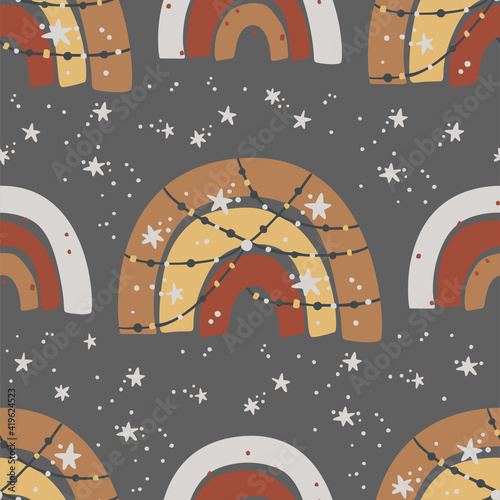 Kid rainbow child boho bohemian seamless pattern. Vector baby childish cute design. Nursery background illustration. Trendy texture cartoon print.