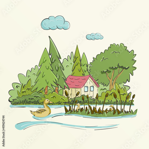 Small house in the forest on a lake with ducks and reed gras. Vector illustration