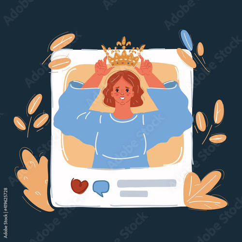 Vector illustration of woman put crown in his head in photo post on dark backround. Kind of social media blog.