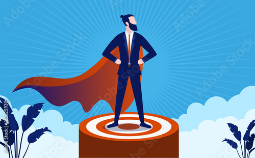 Successful superhero leader on podium, standing proud and strong. Business management and boss concept. Vector illustration.