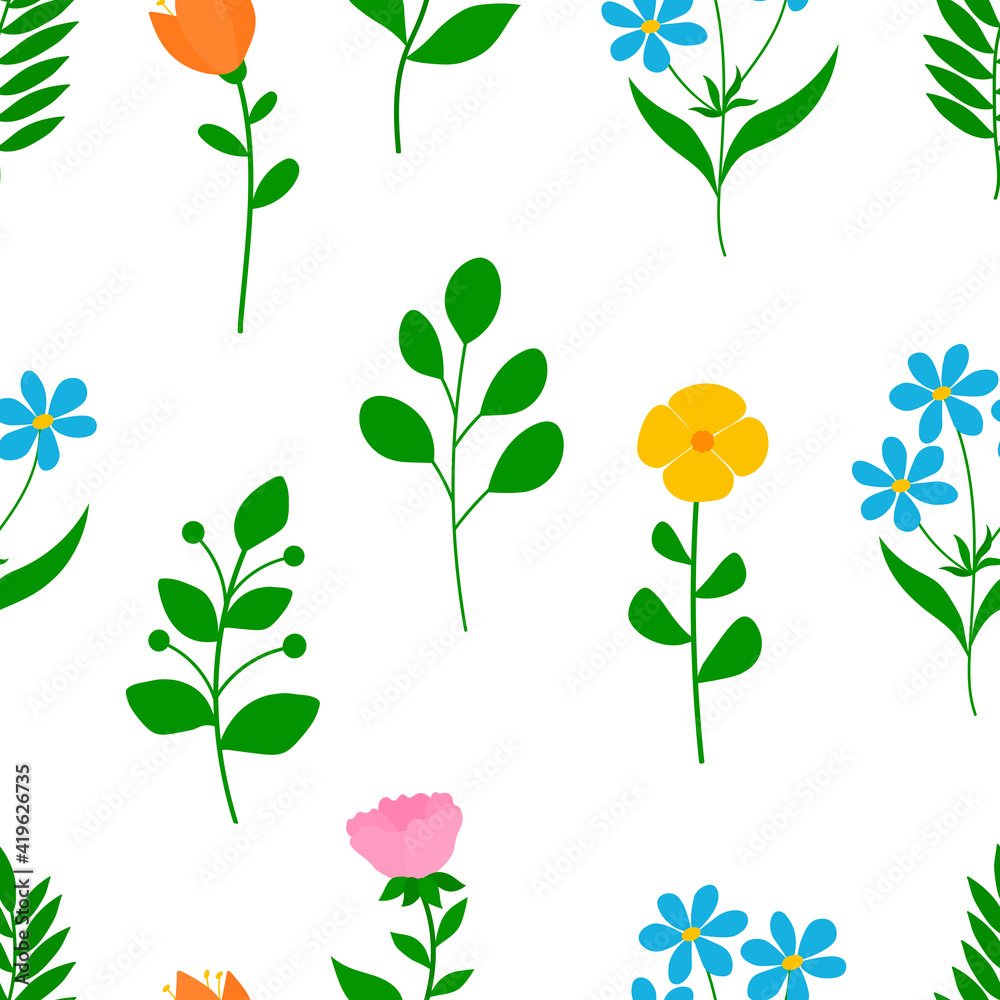 Seamless pattern spring plants flowers leaves vector illustration