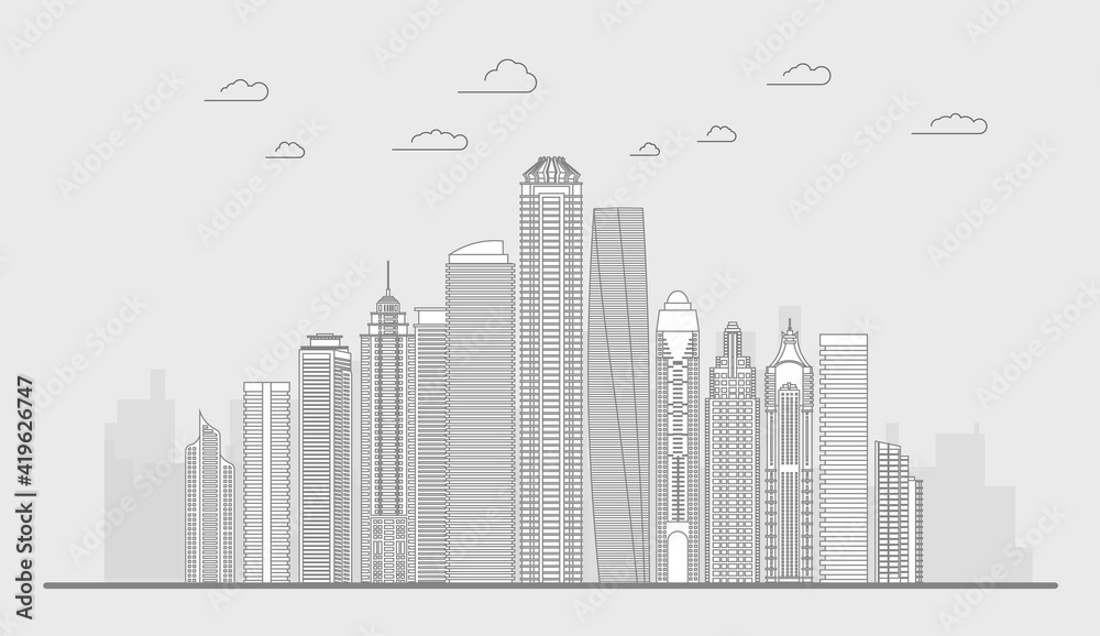 Skyline thin line vector illustration. City line illustration panorama. Cityscape line art building.