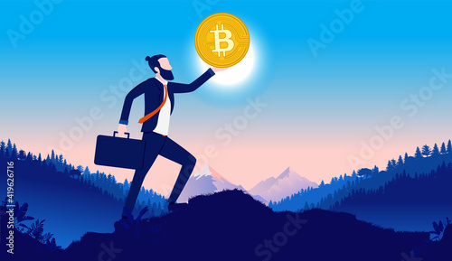 Businessman holding Bitcoin - Proud business person holding coin in hand, lifting in up to the sky. Crypto currency investor and believer concept. Vector illustration.