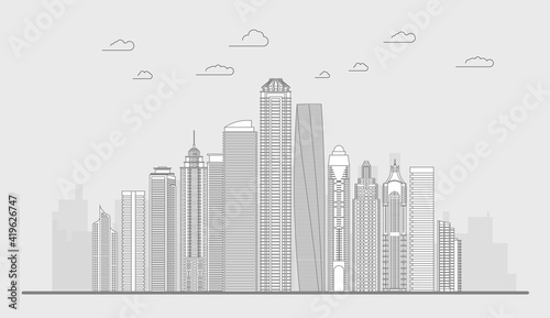 Skyline thin line vector illustration. City line illustration panorama. Cityscape line art building.