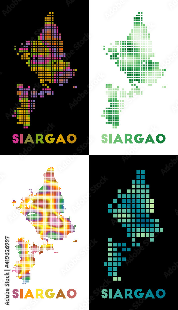 Obraz premium Siargao map. Collection of maps of Siargao in dotted style. Borders of the island filled with rectangles for your design. Vector illustration.