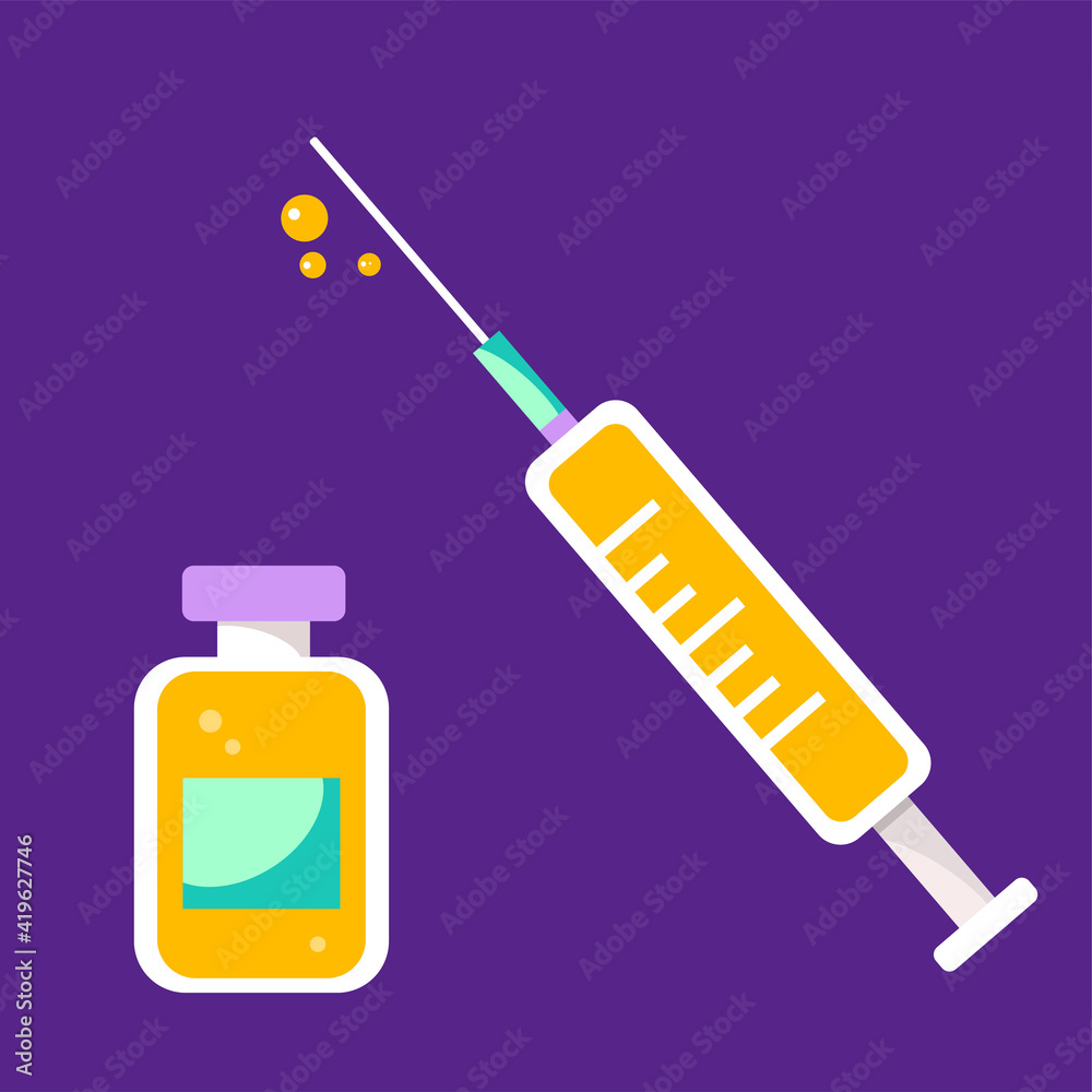 Medical equipment design elements. Syringe and vaccine jab bottle shot in simple flat vector style. Illustration for promoting immunization.