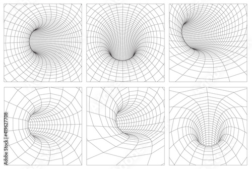 Fototapeta Naklejka Na Ścianę i Meble -  Grid wormhole wireframe tunnel. 3d gravity quantum, vector wormhole illustration. EPS 10.
