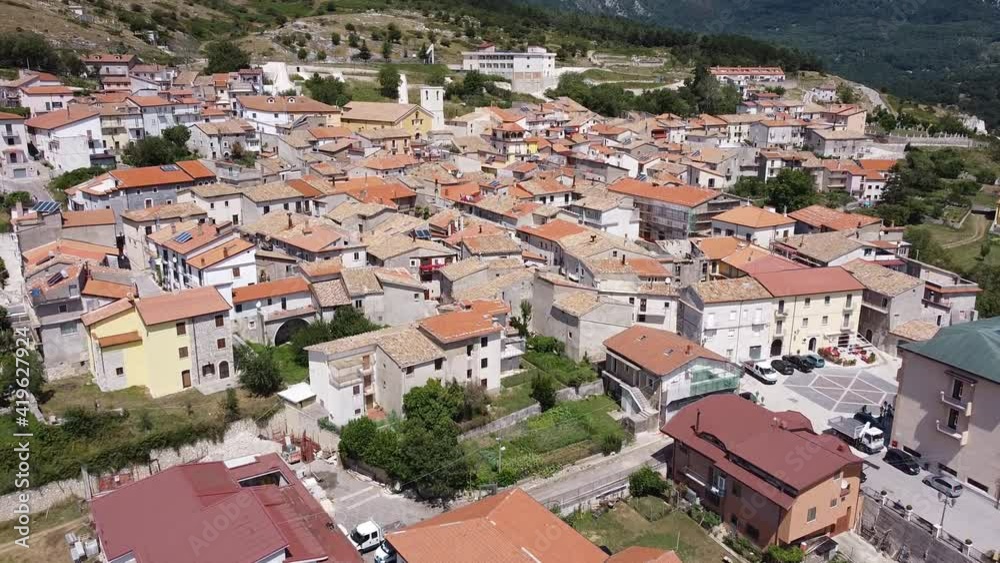 Aerial landscape view over Pietraroja, a hill top village, in the Apennines, Italy Aerial landscape view over Pietraroja, a hill top village, in the Apennines, Italy