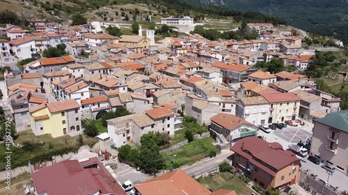 Aerial landscape view over Pietraroja, a hill top village, in the Apennines, Italy photo