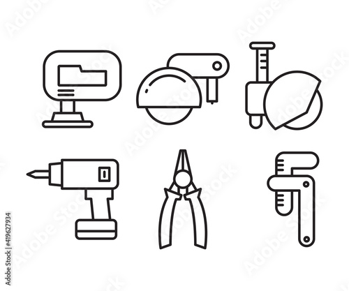 circular saw, drill, spanner and plier icons