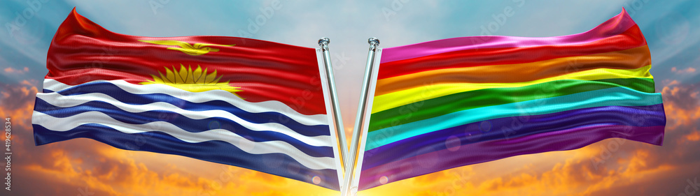 Kiribati Flag and Rainbow Flag waving with texture Blue sky could and ...
