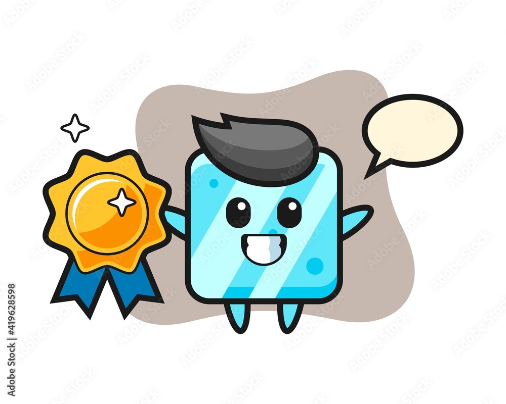 Ice cube mascot illustration holding a golden badge