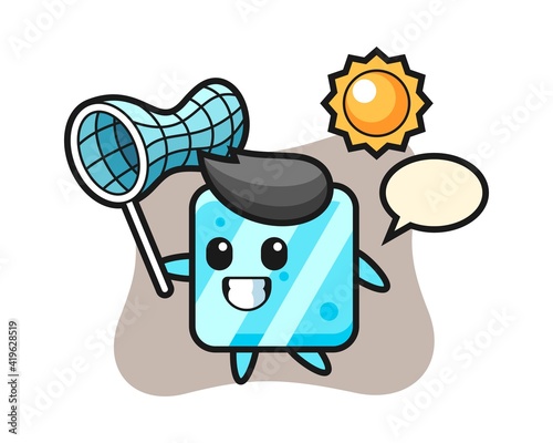 Ice cube mascot illustration is catching butterfly