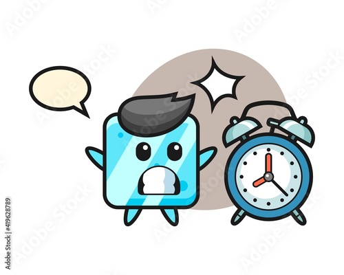 Cartoon illustration of ice cube is surprised with a giant alarm clock