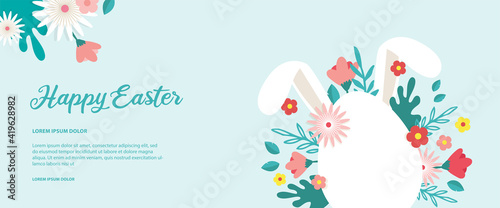 Happy Easter banner. Greeting card, poster or banner with bunny, flowers and Easter egg. Egg hunt poster. Spring background