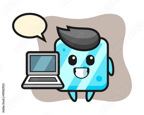 Mascot illustration of ice cube with a laptop