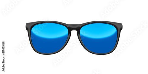 Black fashion sunglasses and blue lens optic isolated on white background with modern accessory design. 3D rendering.