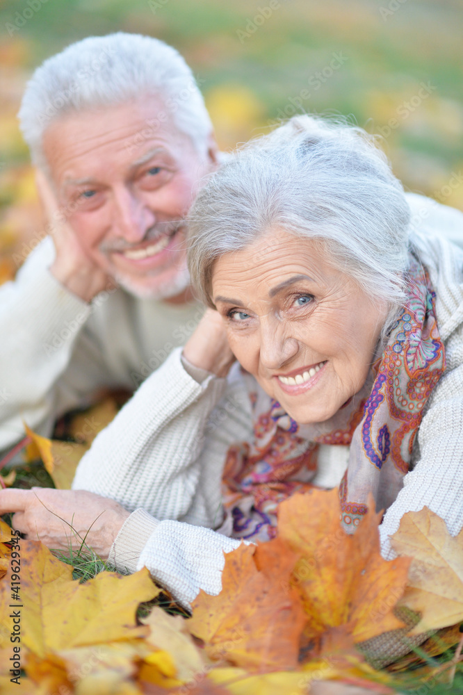 Happy senior couple lying in park Happy senior couple lying in park