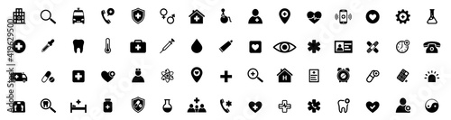 Medical icons set. 60 medicine and health icons, health care symbols. Vector illustration.