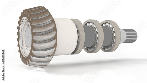 3D render of a bevel gear shaft stylized as a sketch