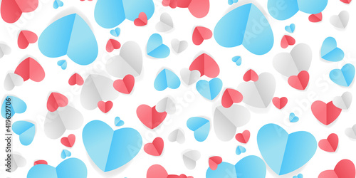 Boho bohemian art in blue, pink and white hearts with golden confetti isolated on transparent background. Vector illustration. Paper cut decorations for Valentine's day design 