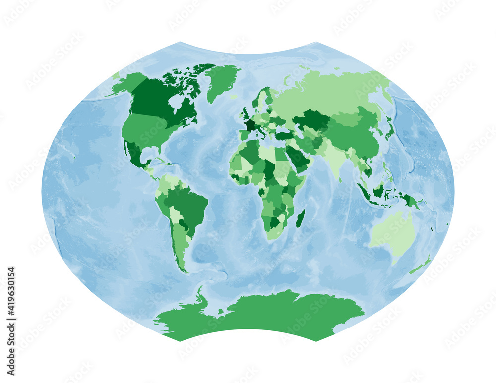 World Map. Ginzburg VI projection. World in green colors with blue ocean. Vector illustration.