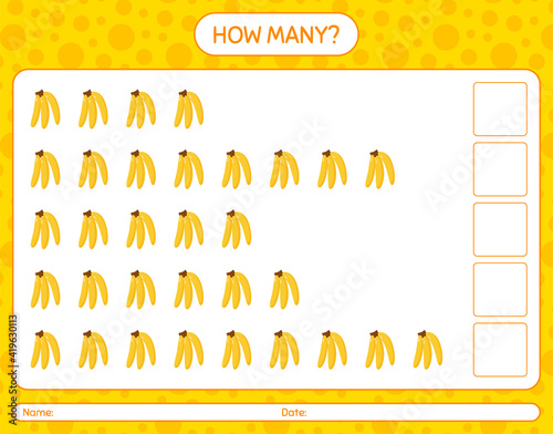 How many counting game with banana worksheet for preschool kids, kids activity sheet, printable worksheet