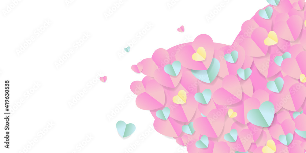 Paper elements in shape of heart flying on pink background. Vector symbols of love for Happy Women's, Mother's, Valentine's Day, birthday greeting card design. 