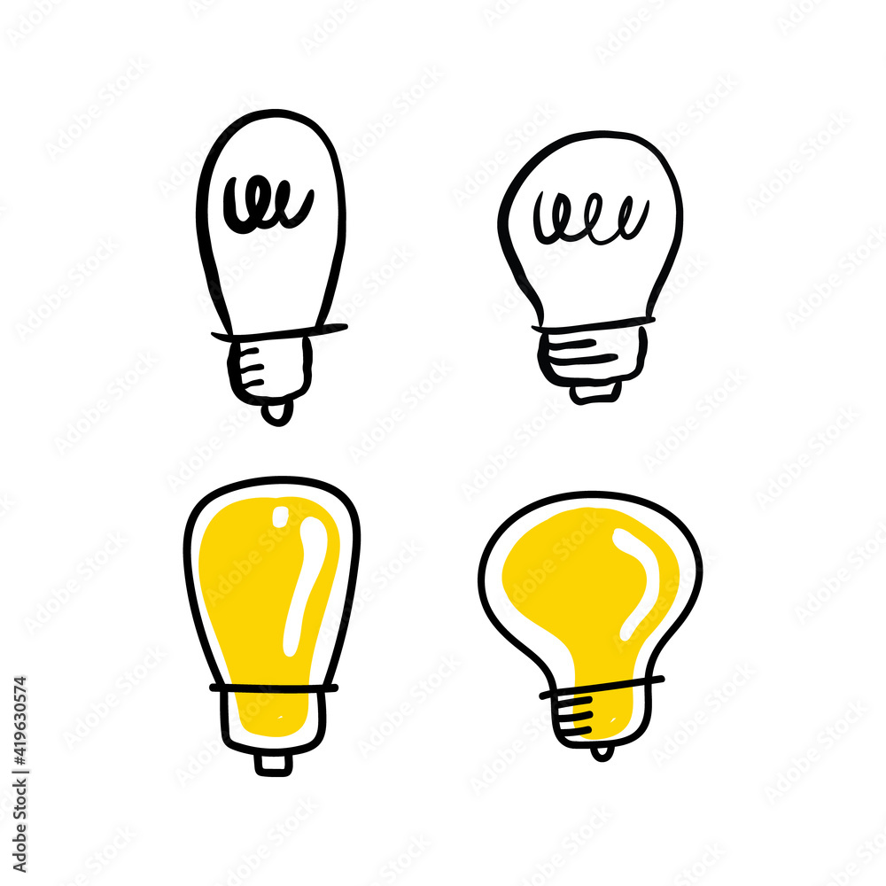 Light bulb doodle collection. Set of hand drawn electric lamp. Symbol of idea, innovation and solution.