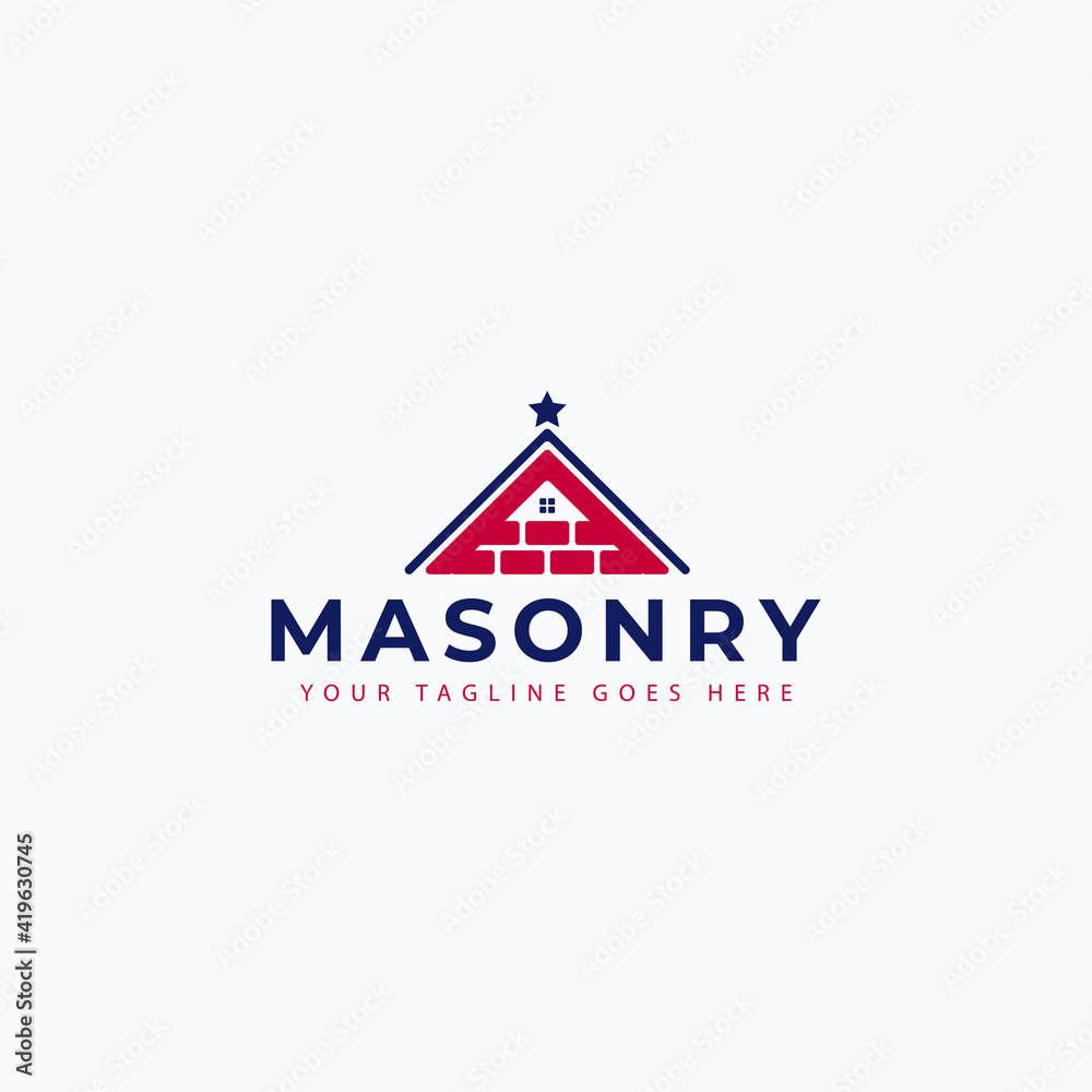 Vector illustration of house, bricks and american flag for masonry logo design