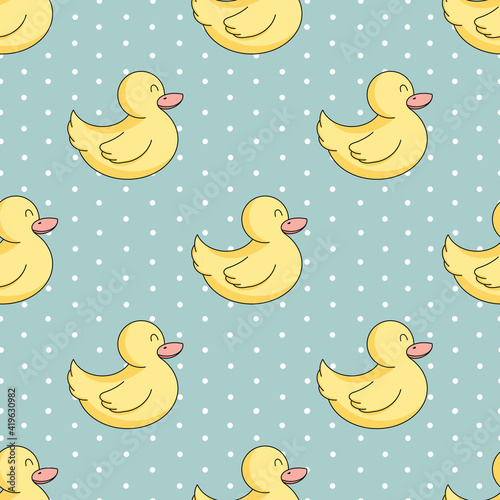 Seamless vector pattern with cute hand drawn rubber duckling. Fun bath toy background for kids room decor, nursery art, wrapping paper, print, banner, advertising, fabric, gift, textile, wallpaper.
