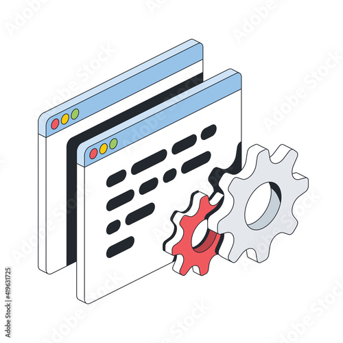 Window developer code and gears. Vector 3d line isometric, color web icons, new flat style. Creative illustration, design idea for infographics.