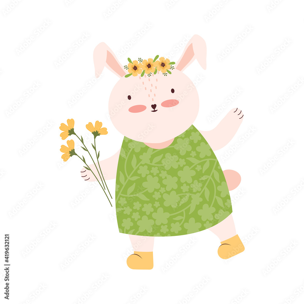 Fototapeta premium Cute bunny girl with a bouquet of yellow flowers isolated on a white background. Rabbit with a flower wreath on his head. Cartoon character hare. Happy Easter. Spring festival. Vector illustration.