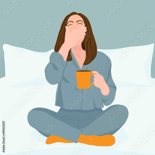Young women wake up in the morning feeling happy and excited, women on mattress yawns and drinks morning tea or coffee with happy face, feeling healthy women. Good morning. Vector illustration.
