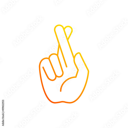 Crossed fingers gradient linear vector icon. Hand gesture used to wish for luck. Keep your fingers crossed. Thin line color symbols. Modern style pictogram. Vector isolated outline drawing