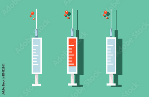 Set of three syringes for vaccine prevention illness. Blood test, insulin, veterinary medical equipment. Coronavirus prevention.