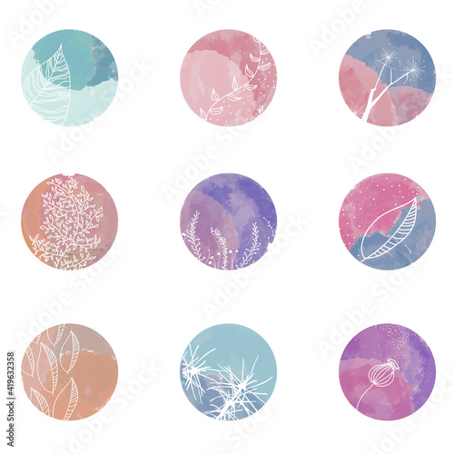 highlight covers icons. Round watercolor highlight backgrounds for social media stories. Stylish design elements for beauty shop, bloggers, social, page cover, wedding elements