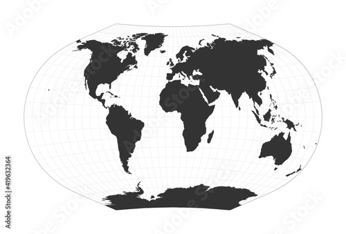 Map of the World. Ginzburg V projection. Globe with latitude and longitude net. World map on meridians and parallels background. Vector illustration.