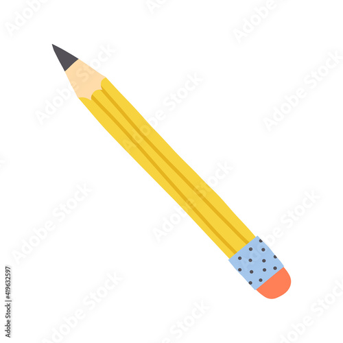 A graphite writing school pencil with an eraser at the end. Cartoon style hand-drawn vector illustration.