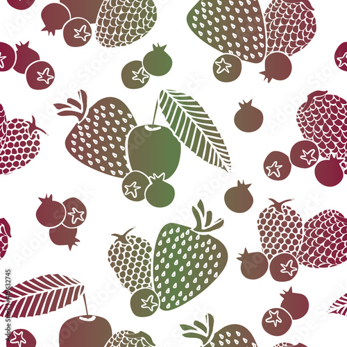 Vector Cherries, Strawberries, Blueberries and Berries Silhouettes in Red Green Ombre on White Background Seamless Repeat Pattern. Background for textiles, cards, manufacturing, wallpapers, print
