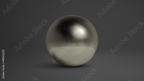 Black metallic sphere isolated on black background. Black metal ball in realistic style on dark backdrop. EPS 10.