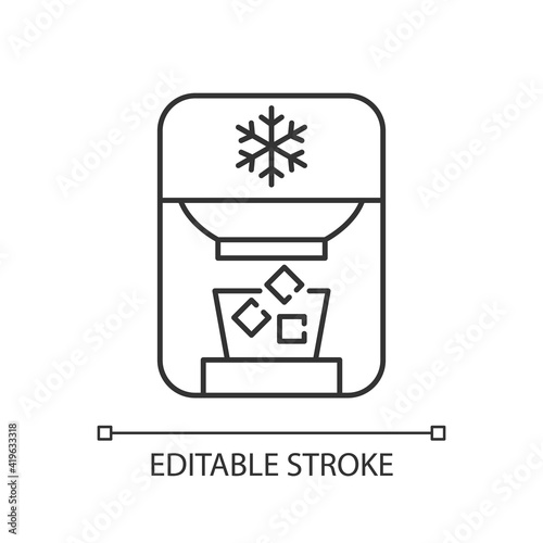 Ice maker linear icon. Freezer device. Electric machine for household. Small kitchen appliance. Thin line customizable illustration. Contour symbol. Vector isolated outline drawing. Editable stroke