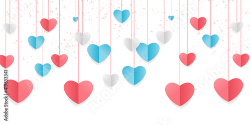 Vector of love and Happy Valentine's day. origami design elements cut paper made pink heart float up on the blue sky with white cloud. paper art and digital craft style. Happy Valentines greeting card
