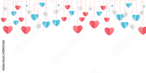 Vector of love and Happy Valentine's day. origami design elements cut paper made pink heart float up on the blue sky with white cloud. paper art and digital craft style. Happy Valentines greeting card