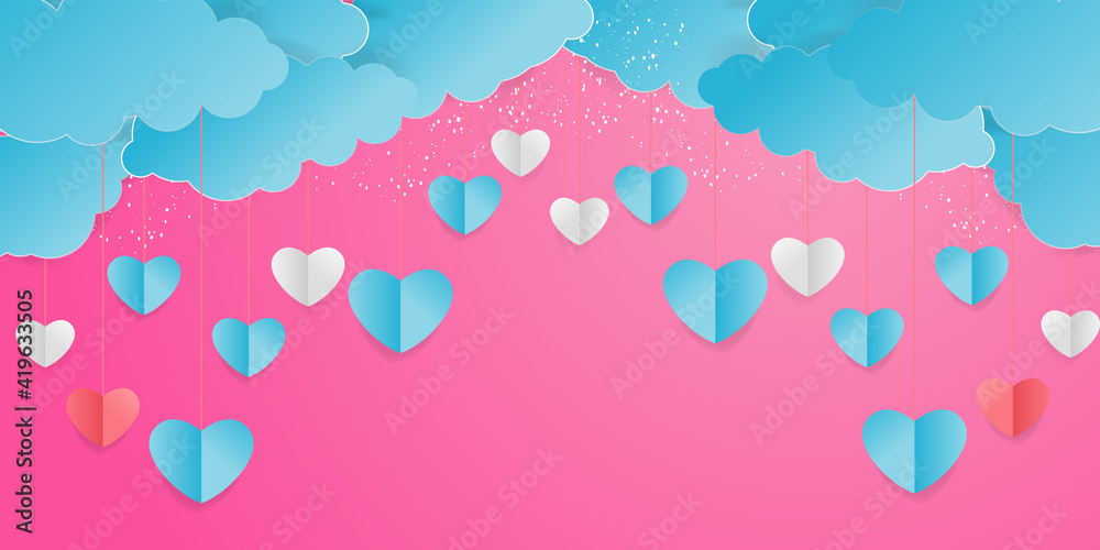 Valentine’s Day modern border frame design for Website, greeting or Sale banner, flyer, poster in paper cut style with cute flying Origami Hearts over clouds with air balloons isolated on background. 