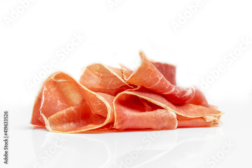 Dry Spanish ham, Jamon Serrano, Iberian ham Isolated on white background